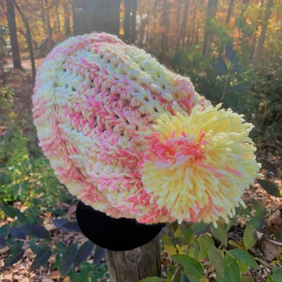 Handmade Pom Pom Pink/Pale Yellow/Ribbed Crochet Slouch Women's/Teens Beanie Hat - Picture 5 of 7